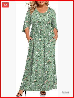 Plus Size Maxi Dress with Pockets 3/4 Sleeve Casual Long Summer Dress